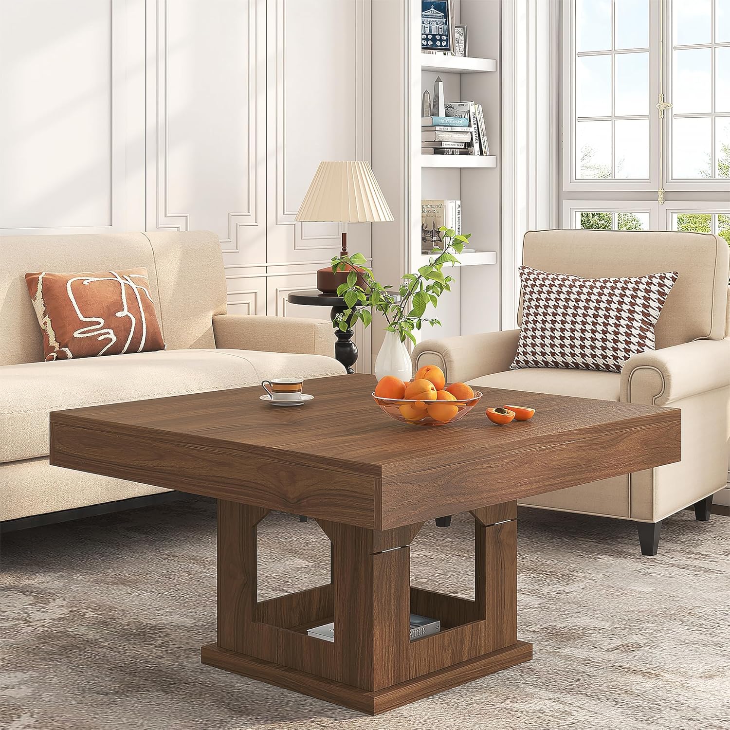 Square Coffee Table, Wooden Coffee Table with Storage and Cat House, Rustic Brown Cocktail Table for Living Room, Farmhouse Large Center Table