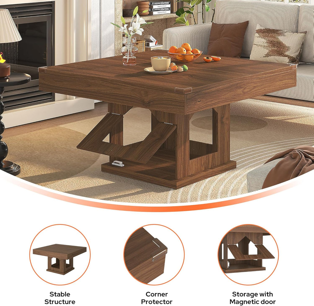Square Coffee Table, Wooden Coffee Table with Storage and Cat House, Rustic Brown Cocktail Table for Living Room, Farmhouse Large Center Table