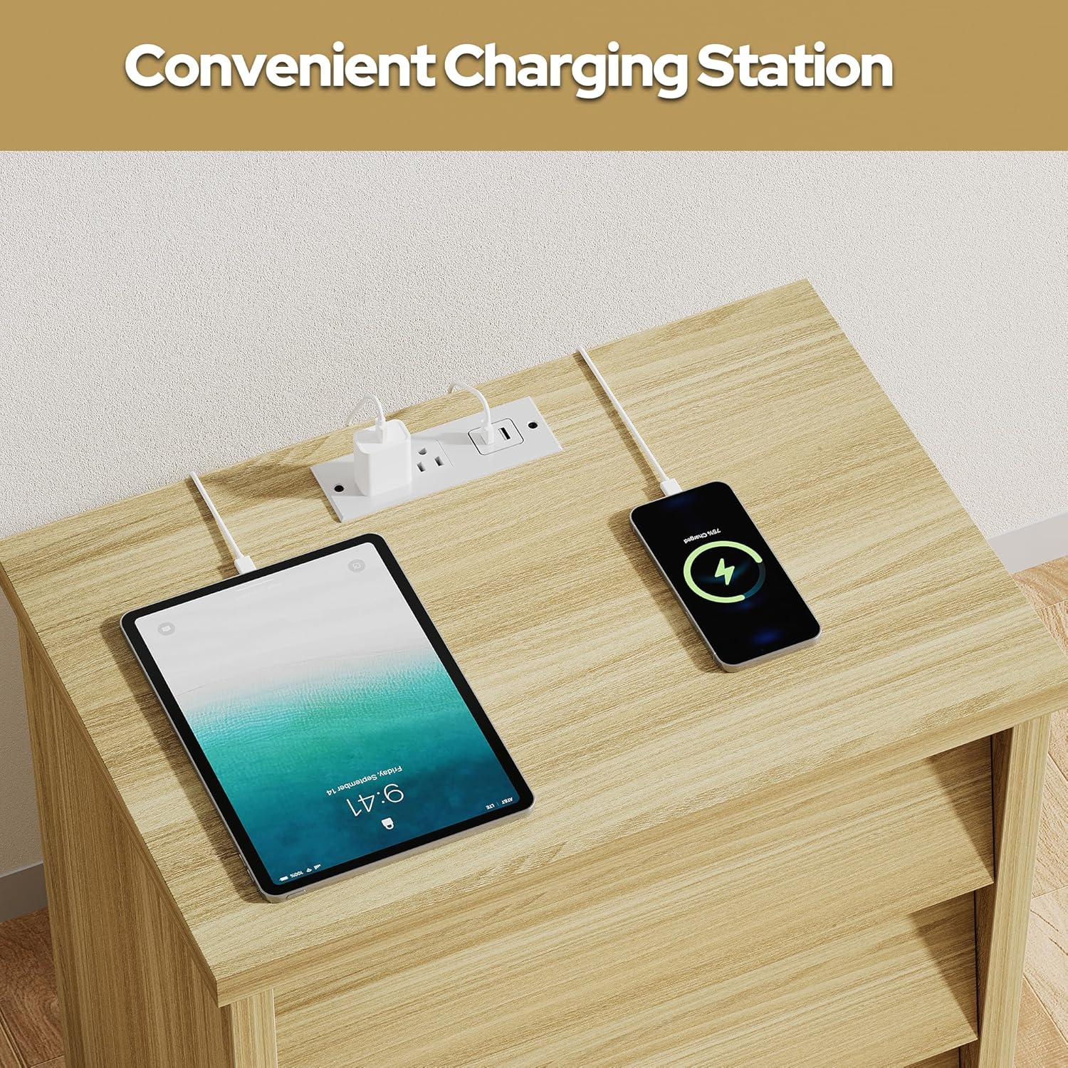 23" Wide Nightstand with Charger Station, Wood Night Stand with 3 Drawers, Modern Bedside Table with USB Ports and Outlets, Storage Bed Side End Table for Bedroom, Living Room, Hallway (Natural)