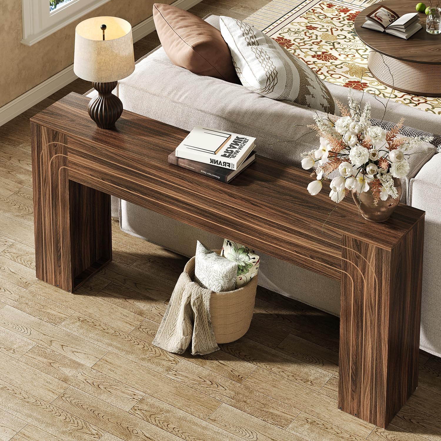 70.9-Inch Long Console Table for Entryway, Farmhouse Sofa Table with Handcrafted Line Detailing, Wood Narrow Table for Living Room, Hallway, Foyer, and Behind Couch