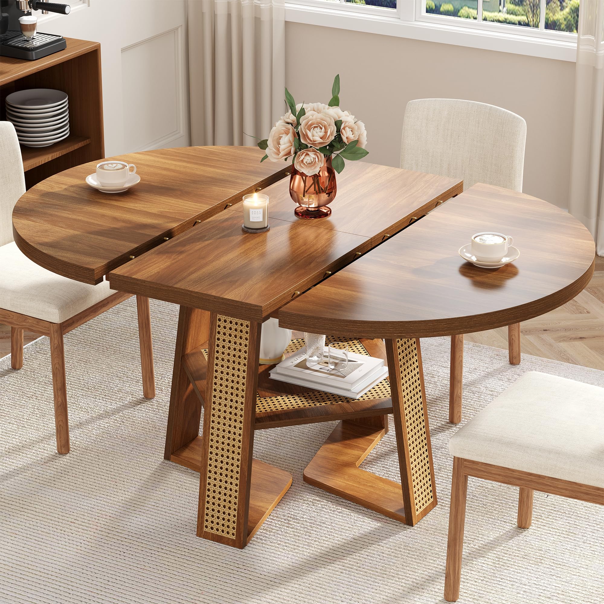 43"-59" Extendable Round Dining Table for 4-8, Transformer Oval Modern Kitchen Table with Removable Leaves Space Saving, Wood Dining Room Table with Storage Shelf for Kitchen, Walnut, Cross Leg
