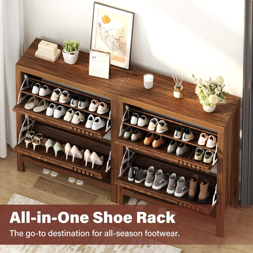 Shoe Storage Cabinet for Entryway with 2 Flip Drawers, 31.5" Slim Fluted Shoe Organizer Cabinet, Narrow Wooden Shoe Rack Cabinet, Freestanding Hidden Shoe Cabinet for Hallway, Entrance (Walnut)