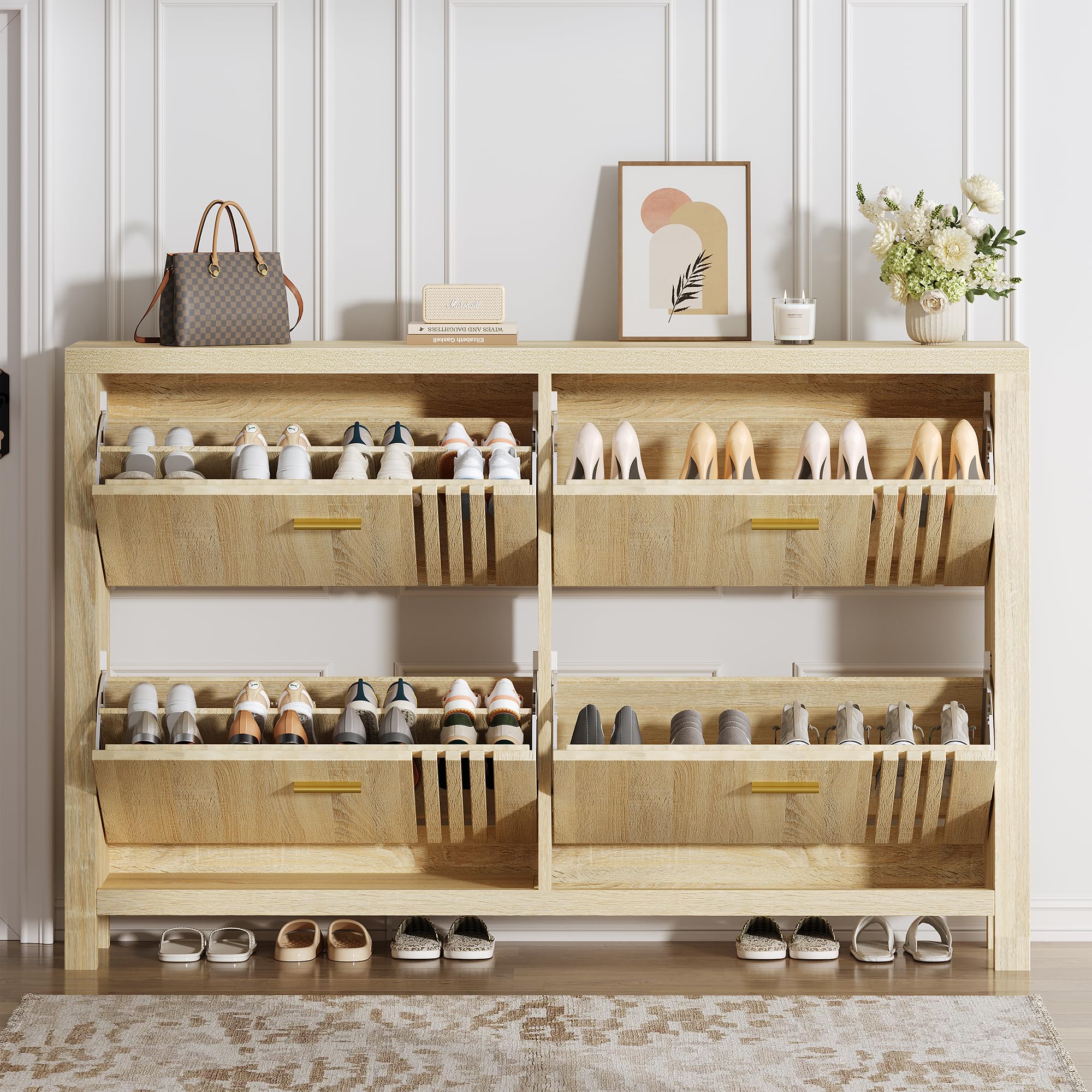 Shoe Storage Cabinet for Entryway with 2 Flip Drawers, 31.5" Slim Fluted Shoe Organizer Cabinet, Narrow Wooden Shoe Rack Cabinet, Freestanding Hidden Shoe Cabinet for Hallway, Entrance (Walnut)