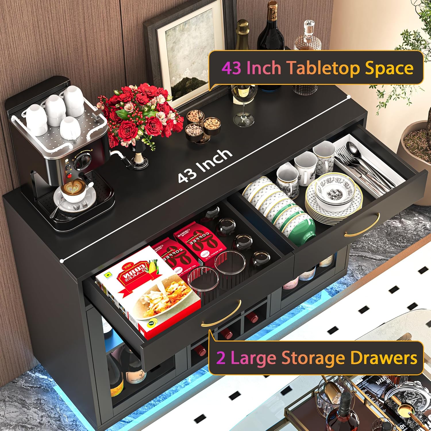 Wine Bar Cabinet with LED Lights, Coffee Bar Cabinet with Wine and Glass Rack, Black Bar Cabinet Liquor Cabinet, Kitchen Buffet Sideboard with Storage for Living Room, Dining Room