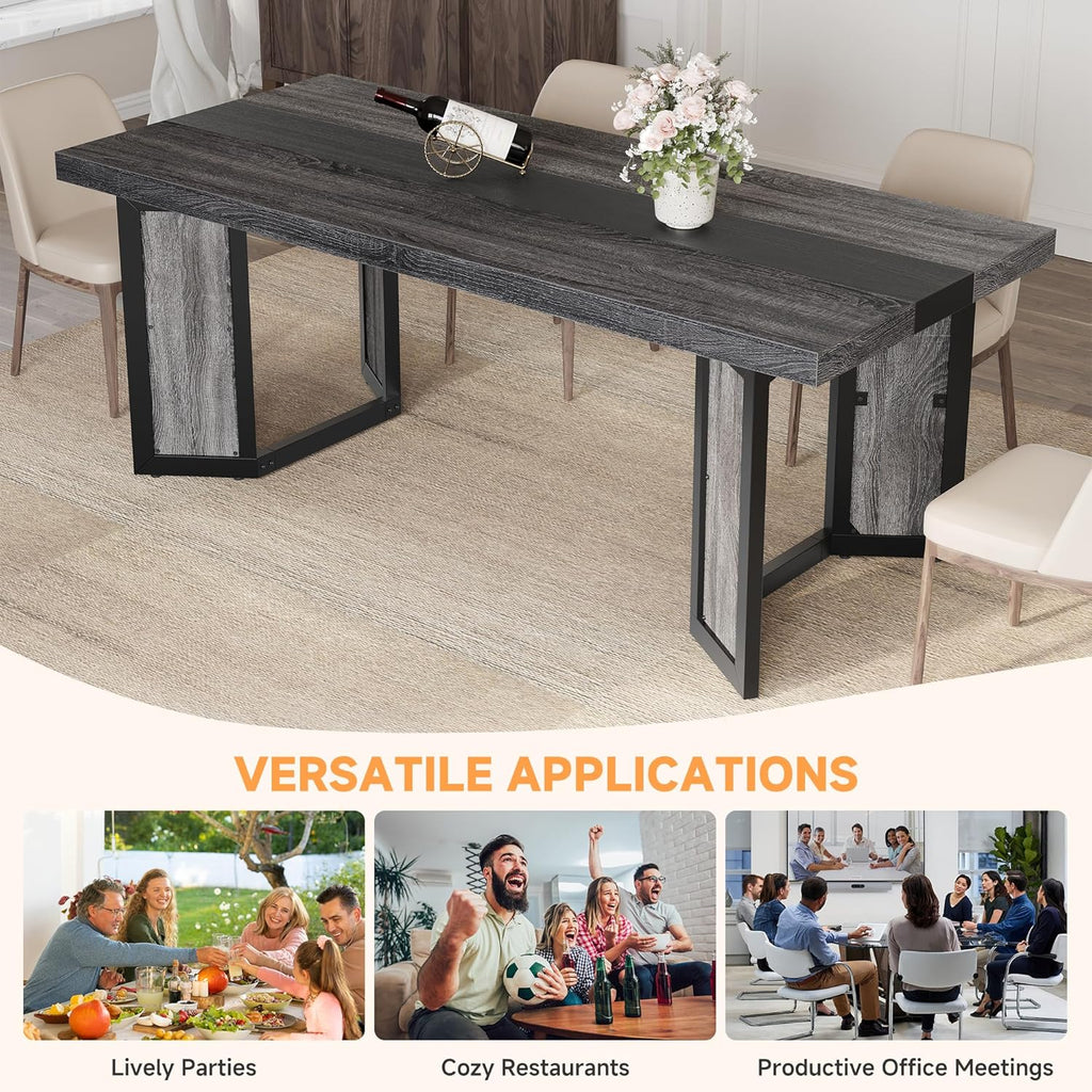 Industrial Dining Table for 6-8 People, 71" Large Long Wooden Kitchen Table with Sturdy Metal Frame & Brown Finish, Rustic Style Rectangular Dinner Table for Dining Room, Kitchen (Oak Gray)