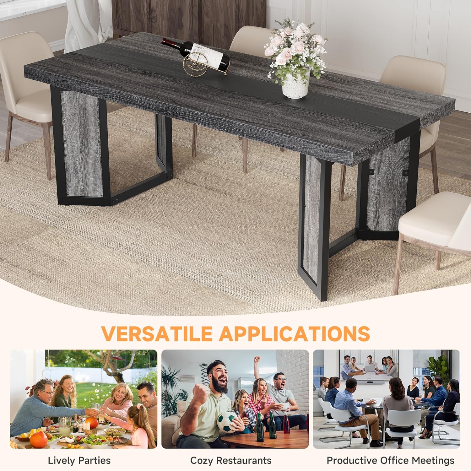 Industrial Dining Table for 6-8 People, 71" Large Long Wooden Kitchen Table with Sturdy Metal Frame & Brown Finish, Rustic Style Rectangular Dinner Table for Dining Room, Kitchen (Oak Gray)