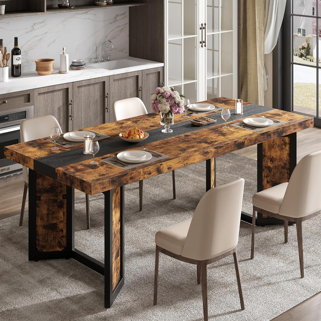 Industrial Dining Table for 6-8 People, 71" Large Long Wooden Kitchen Table with Sturdy Metal Frame & Brown Finish, Rustic Style Rectangular Dinner Table for Dining Room, Kitchen (Vintage Brown)