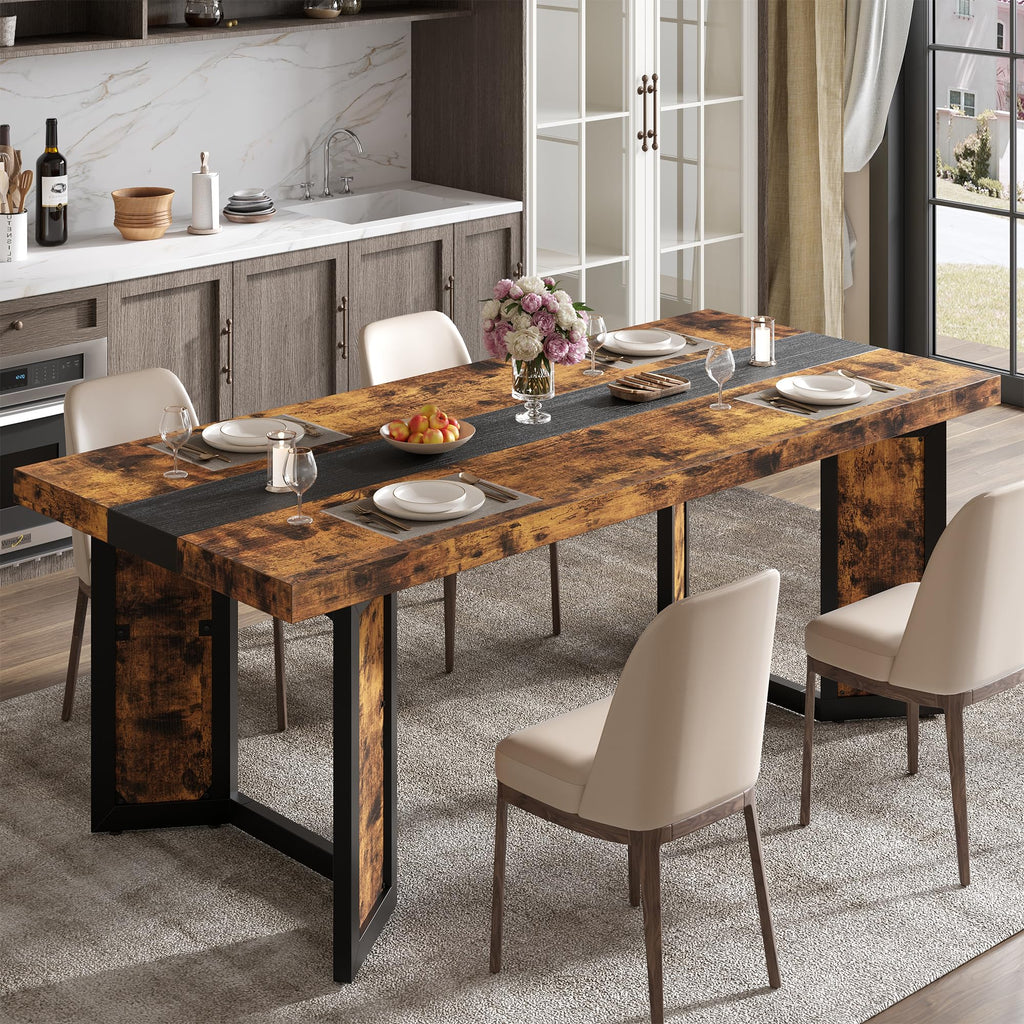 Industrial Dining Table for 6-8 People, 71" Large Long Wooden Kitchen Table with Sturdy Metal Frame & Brown Finish, Rustic Style Rectangular Dinner Table for Dining Room, Kitchen (Oak Gray)