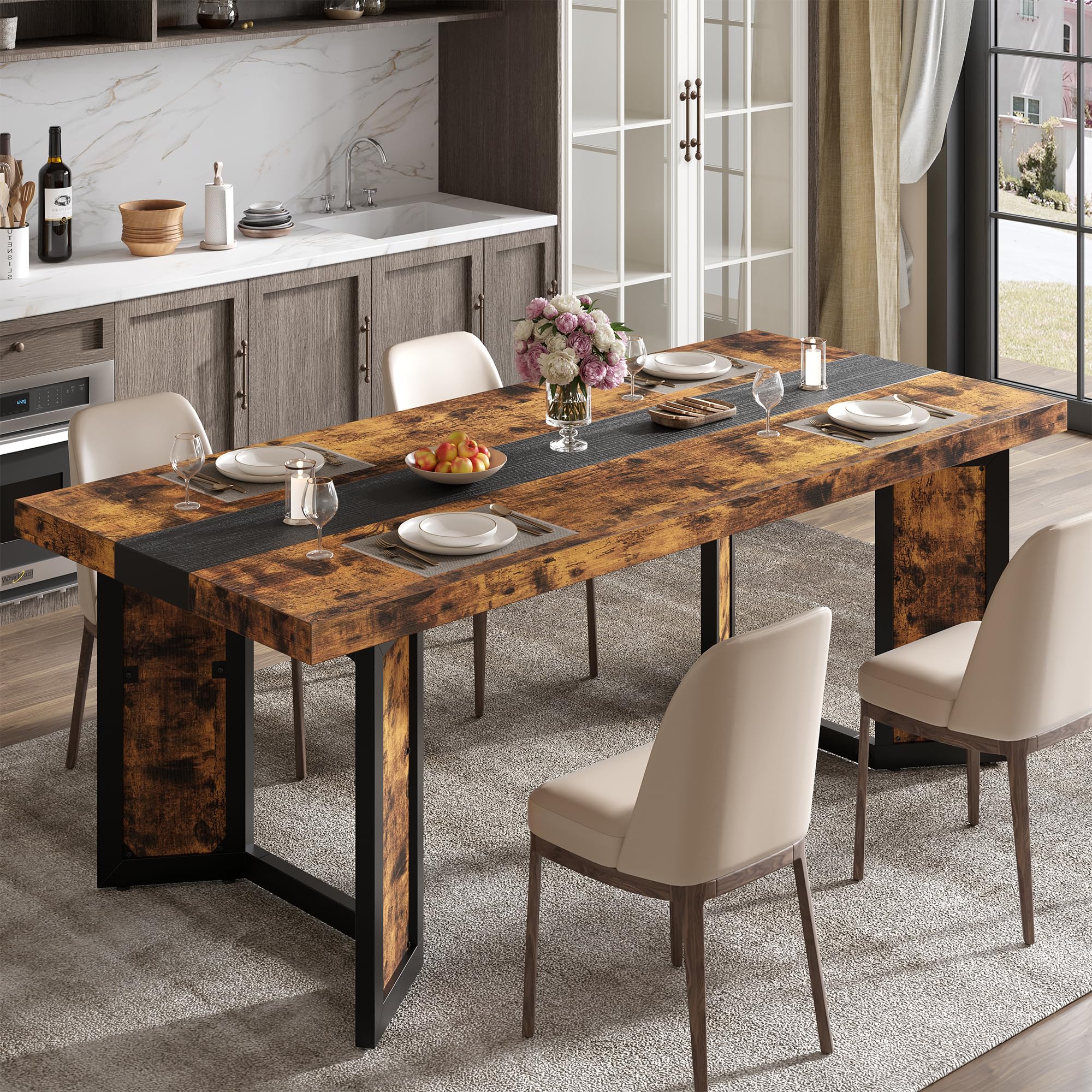 Industrial Dining Table for 6-8 People, 71" Large Long Wooden Kitchen Table with Sturdy Metal Frame & Brown Finish, Rustic Style Rectangular Dinner Table for Dining Room, Kitchen (Oak Gray)