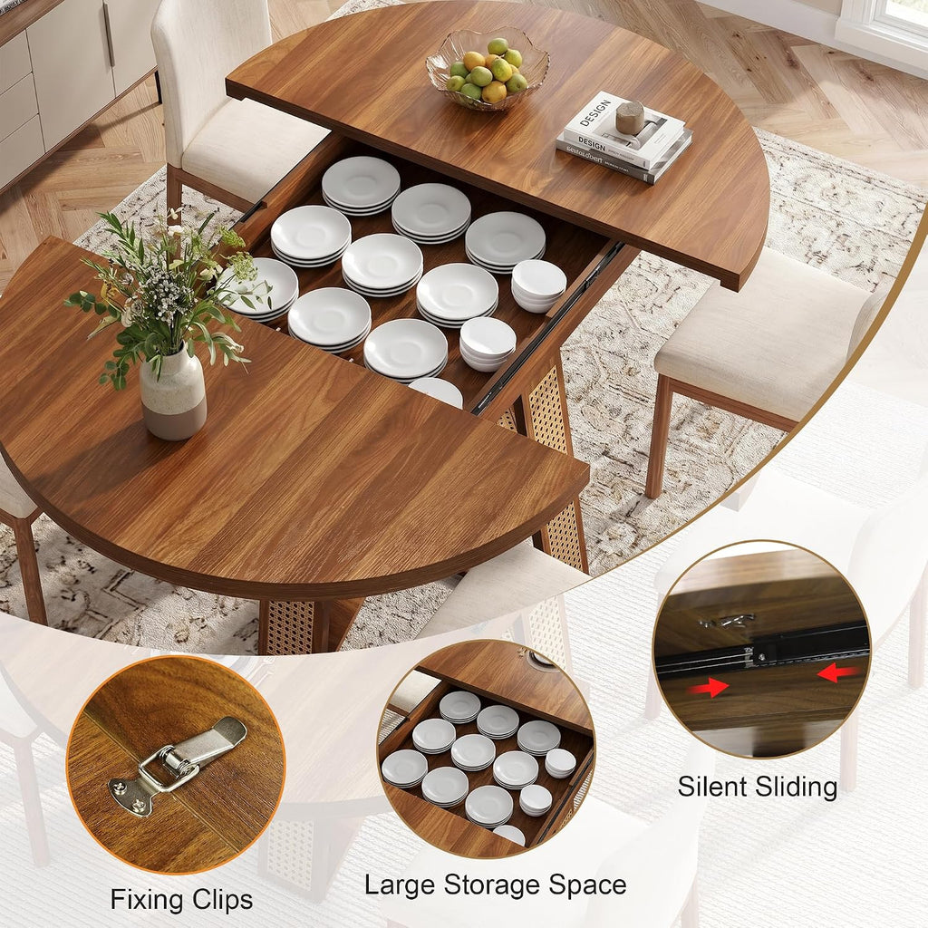knoworld 43"-59" Extendable Round Dining Table for 4-8, V-Leg | Modern Kitchen Oval Dining Table with Removable Leaves, Wood Base with Storage Shelf for Kitchen Living Room, Walnut
