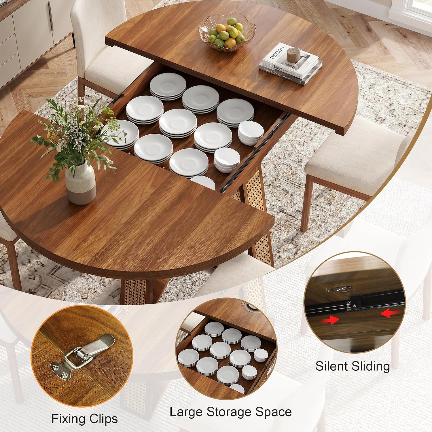 knoworld 43"-59" Extendable Round Dining Table for 4-8, V-Leg | Modern Kitchen Oval Dining Table with Removable Leaves, Wood Base with Storage Shelf for Kitchen Living Room, Walnut