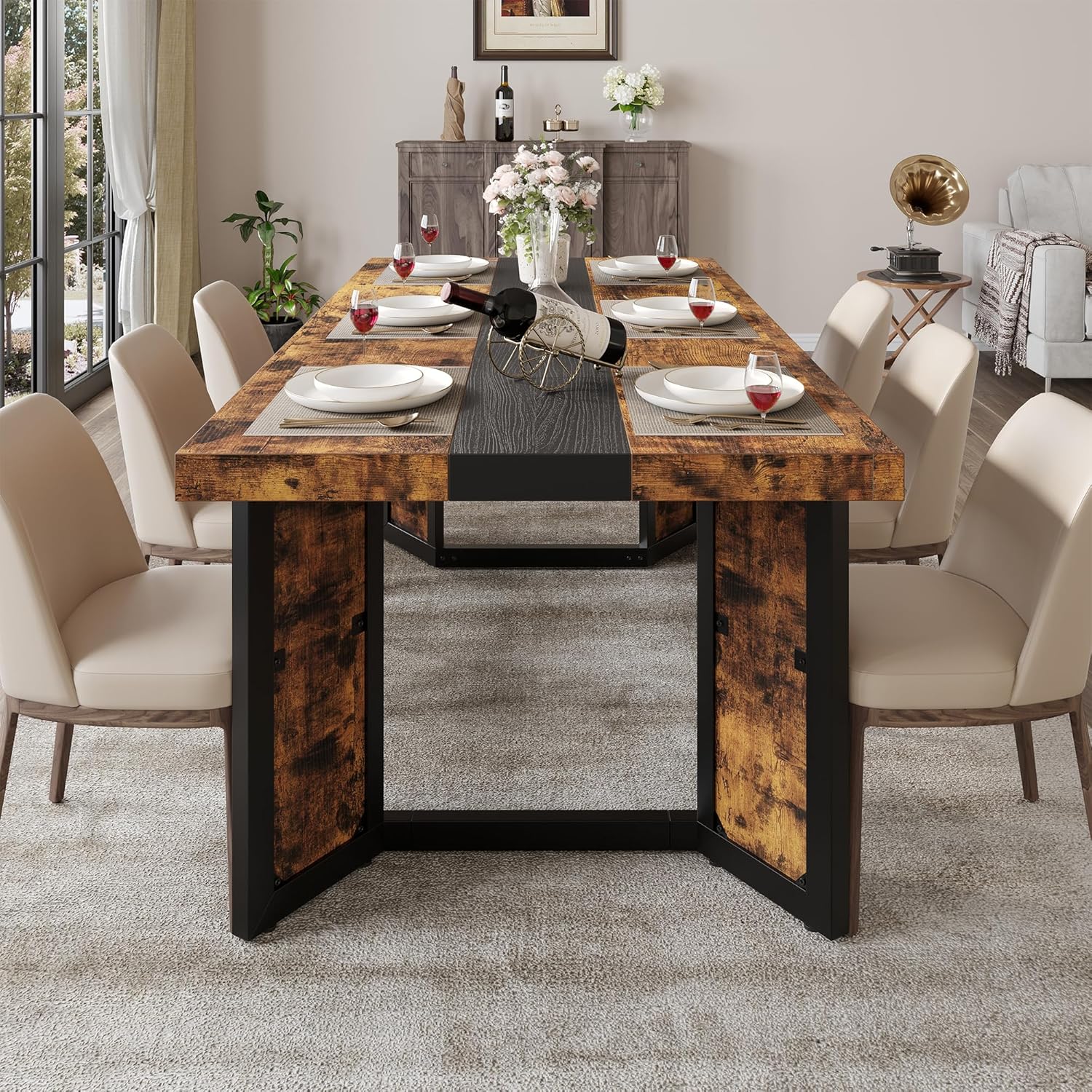 Industrial Dining Table for 6-8 People, 71" Large Long Wooden Kitchen Table with Sturdy Metal Frame & Brown Finish, Rustic Style Rectangular Dinner Table for Dining Room, Kitchen (Vintage Brown)