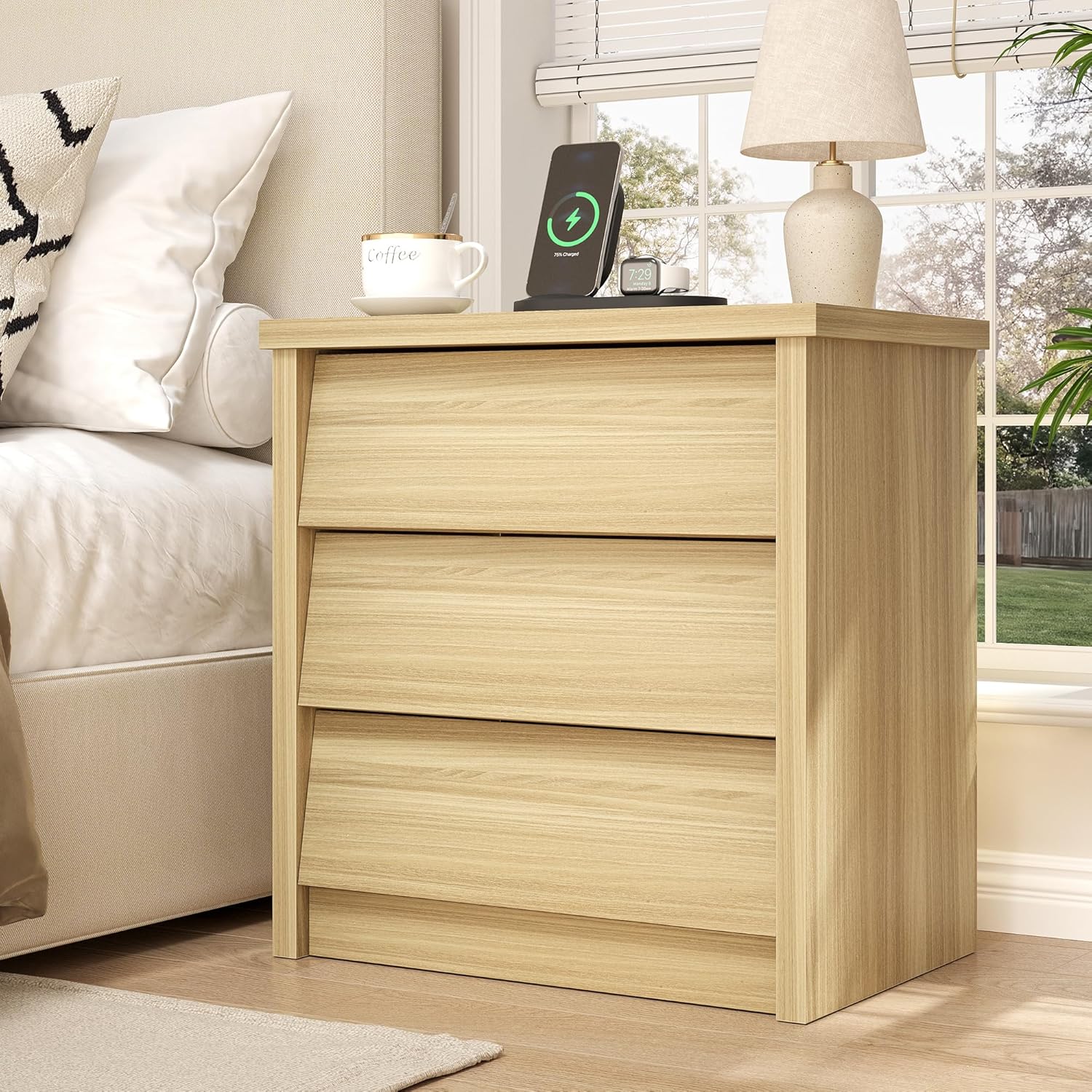 23" Wide Nightstand with Charger Station, Wood Night Stand with 3 Drawers, Modern Bedside Table with USB Ports and Outlets, Storage Bed Side End Table for Bedroom, Living Room, Hallway (Natural)