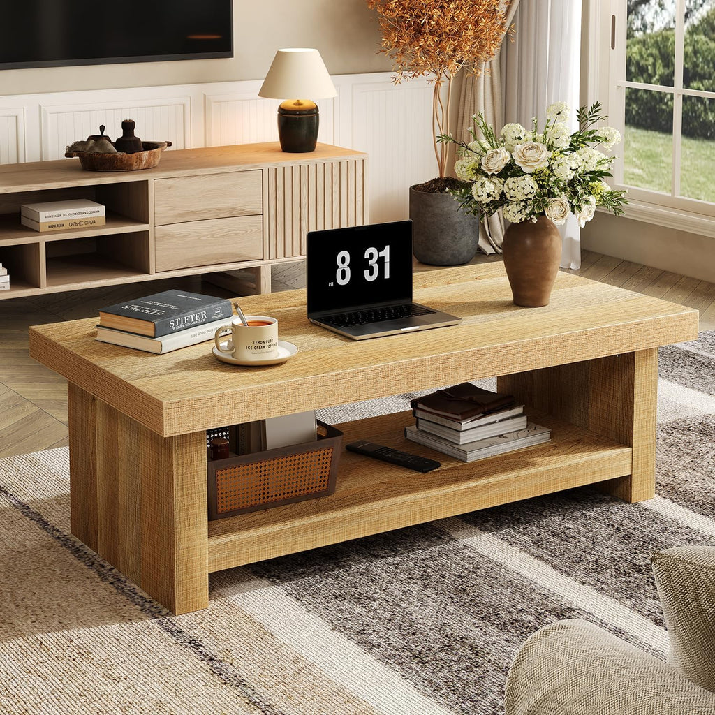 47-Inch Rectangle Coffee Table, Wood Rectangular Center Tables, Farmhouse Low Cocktail Tea Table for Living Room, Thick Base/Easy Assembly, Natural