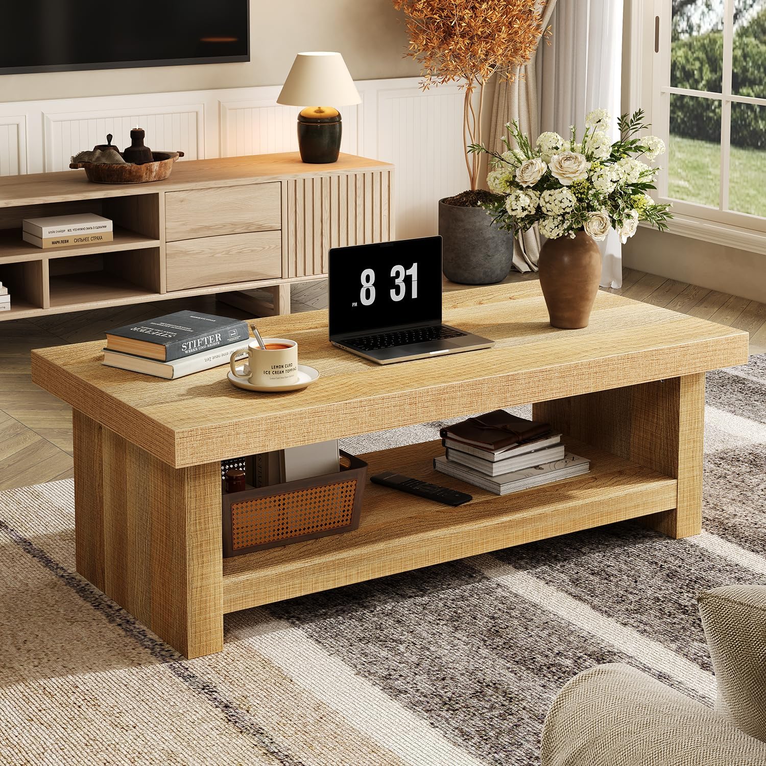 47-Inch Rectangle Coffee Table, Wood Rectangular Center Tables, Farmhouse Low Cocktail Tea Table for Living Room, Thick Base/Easy Assembly, Natural