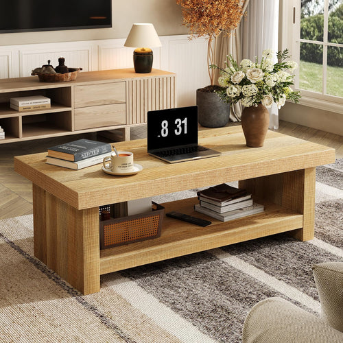 47-Inch Rectangle Coffee Table, Wood Rectangular Center Tables, Farmhouse Low Cocktail Tea Table for Living Room, Thick Base/Easy Assembly, Natural
