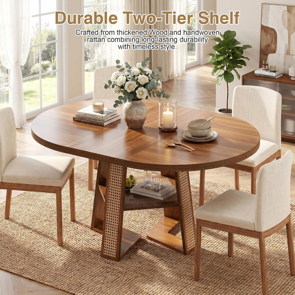 knoworld 43"-59" Extendable Round Dining Table for 4-8, V-Leg | Modern Kitchen Oval Dining Table with Removable Leaves, Wood Base with Storage Shelf for Kitchen Living Room, Walnut