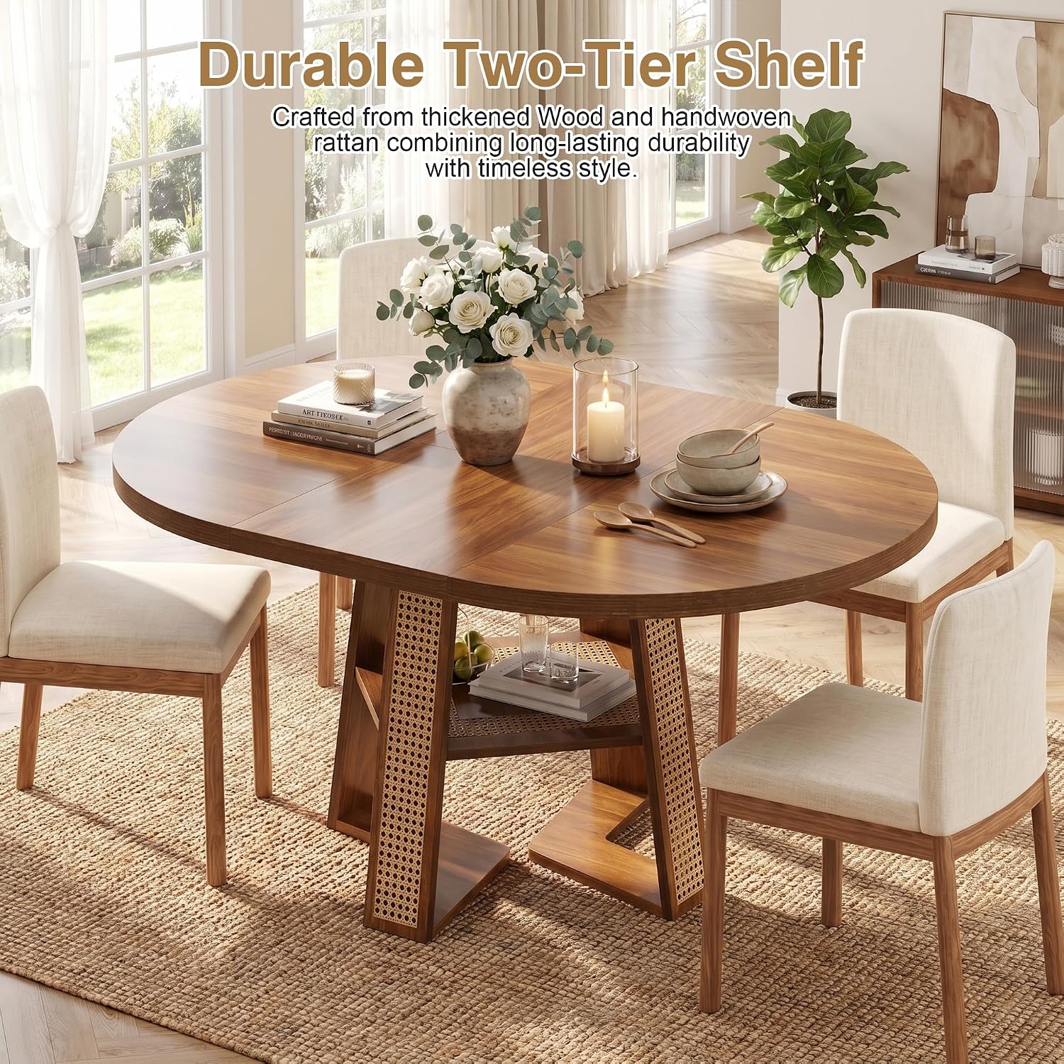 knoworld 43"-59" Extendable Round Dining Table for 4-8, V-Leg | Modern Kitchen Oval Dining Table with Removable Leaves, Wood Base with Storage Shelf for Kitchen Living Room, Walnut