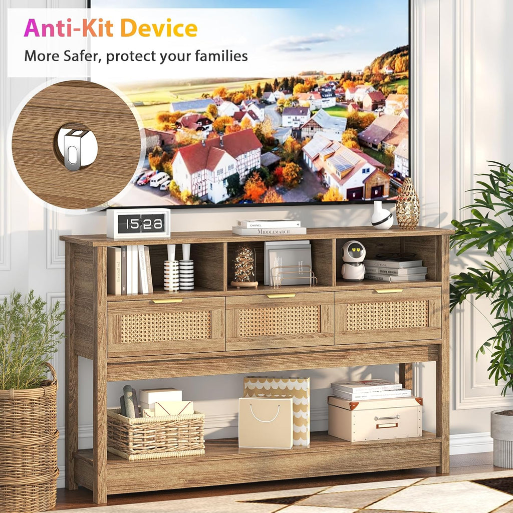 Rattan Console Table, Boho Entryway Table Sofa Table with Storage, Hallway Foyer Table Behind Couch Table, Wood Console Tables Open Storage Shelf for Living Room, Hallway, Brown