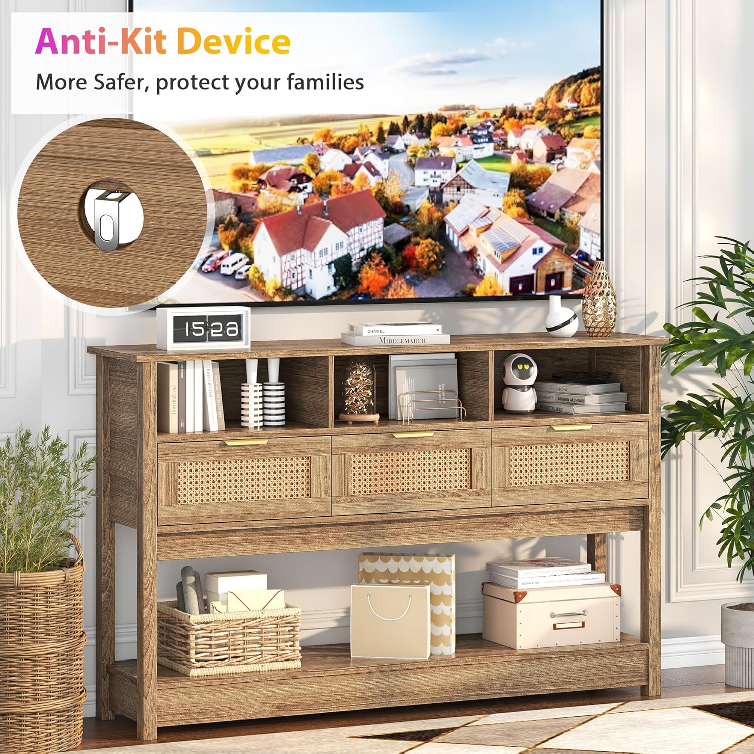 Rattan Console Table, Boho Entryway Table Sofa Table with Storage, Hallway Foyer Table Behind Couch Table, Wood Console Tables Open Storage Shelf for Living Room, Hallway, Brown