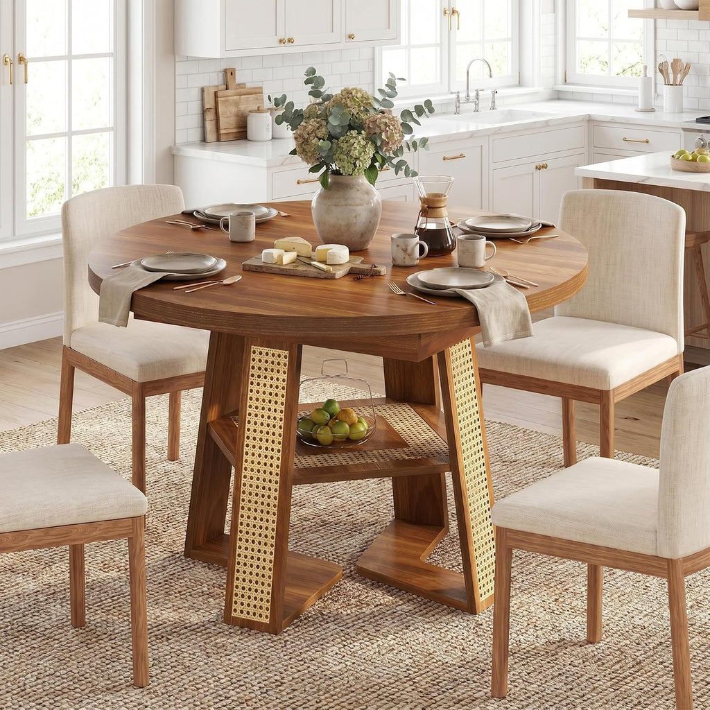 knoworld 43"-59" Extendable Round Dining Table for 4-8, V-Leg | Modern Kitchen Oval Dining Table with Removable Leaves, Wood Base with Storage Shelf for Kitchen Living Room, Walnut