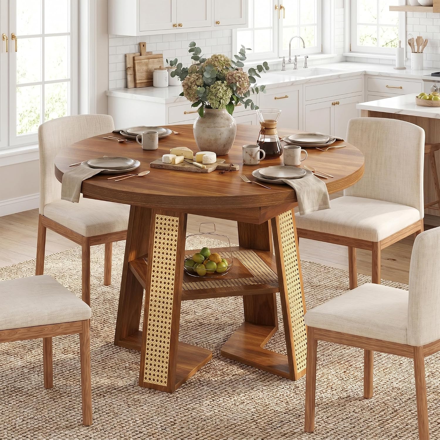 knoworld 43"-59" Extendable Round Dining Table for 4-8, V-Leg | Modern Kitchen Oval Dining Table with Removable Leaves, Wood Base with Storage Shelf for Kitchen Living Room, Walnut