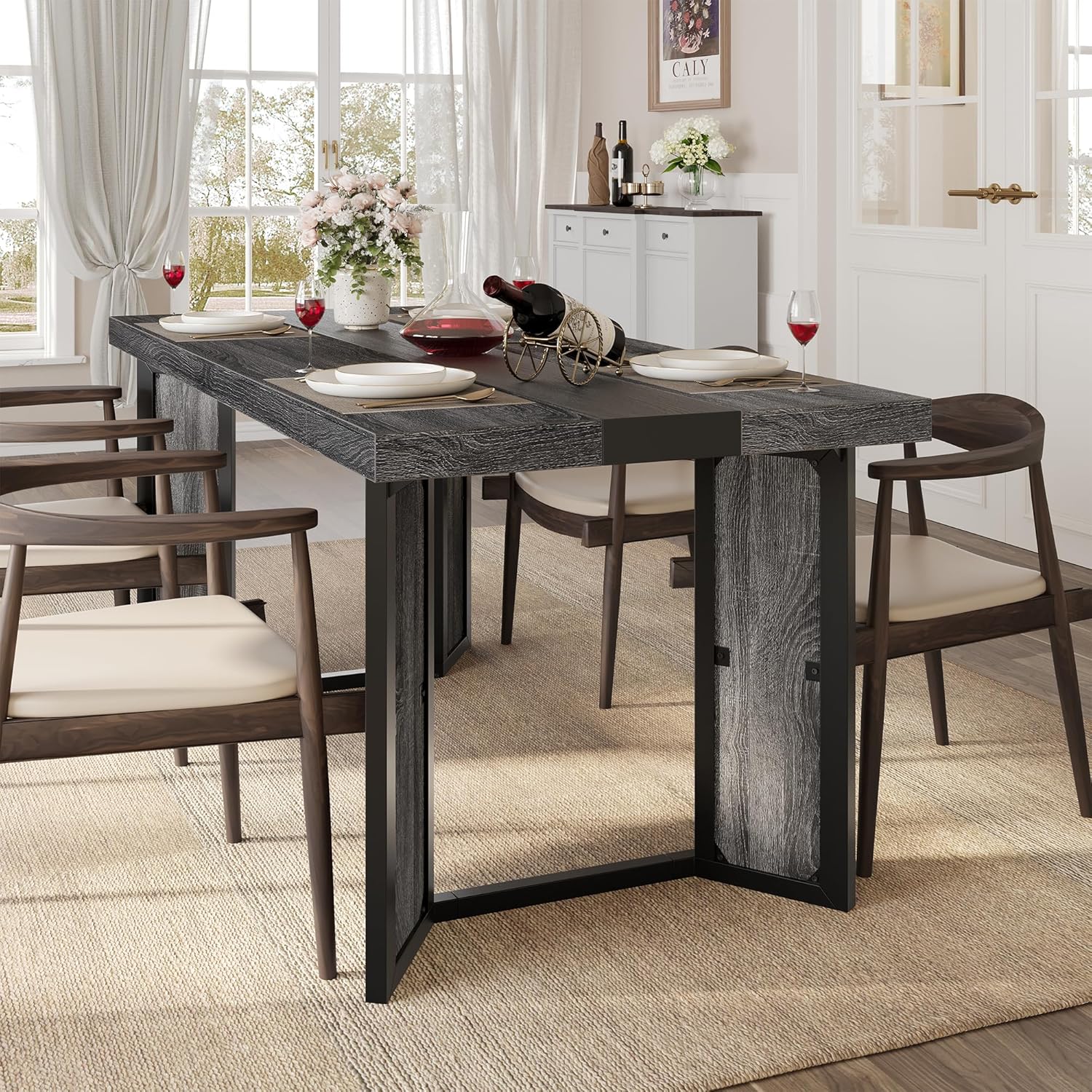 Industrial Dining Table for 6-8 People, 71" Large Long Wooden Kitchen Table with Sturdy Metal Frame & Brown Finish, Rustic Style Rectangular Dinner Table for Dining Room, Kitchen (Oak Gray)