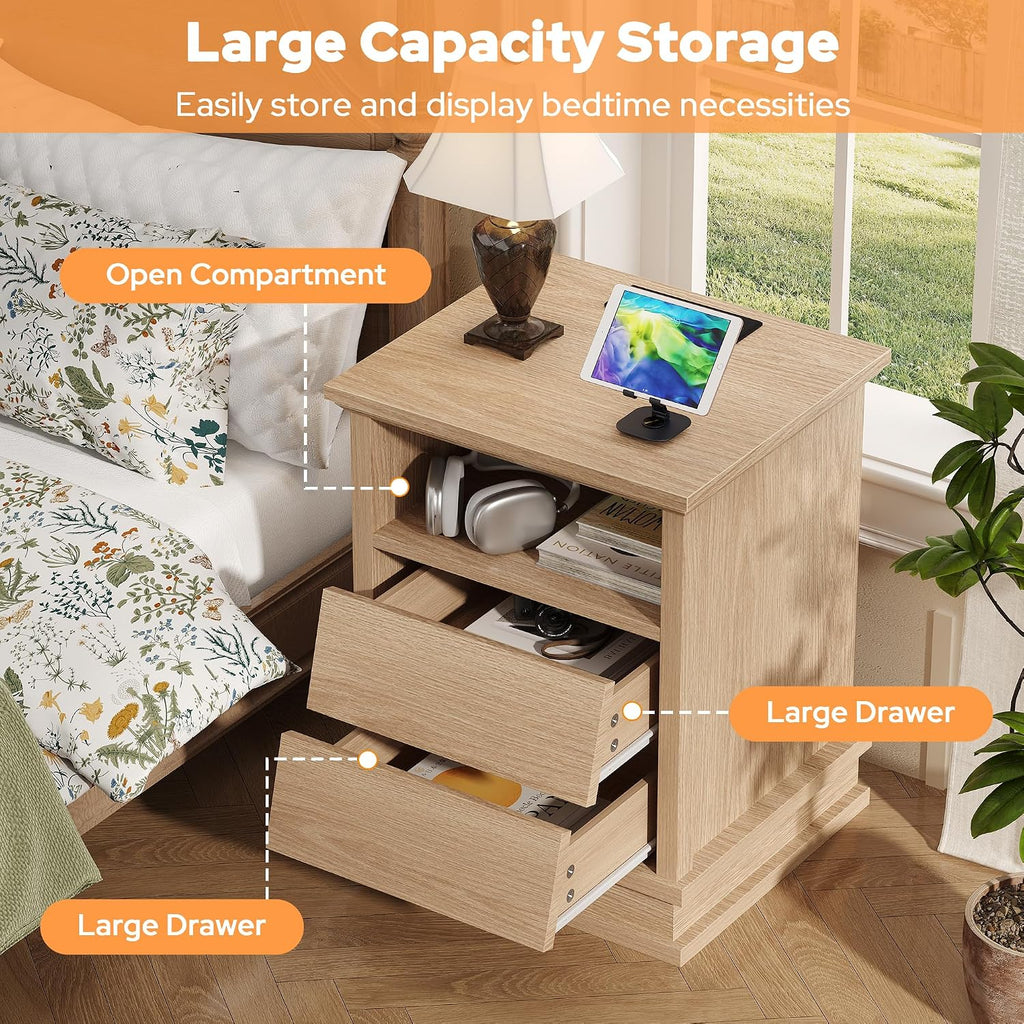 knoworld 18" Wide Nightstand with Charger Station ＆ 2 Drawers, Oak | Modern Night Stand with USB Ports and Outlets, End Table with Open Shelf, Storage Bedsides Table for Bedroom, Living Room