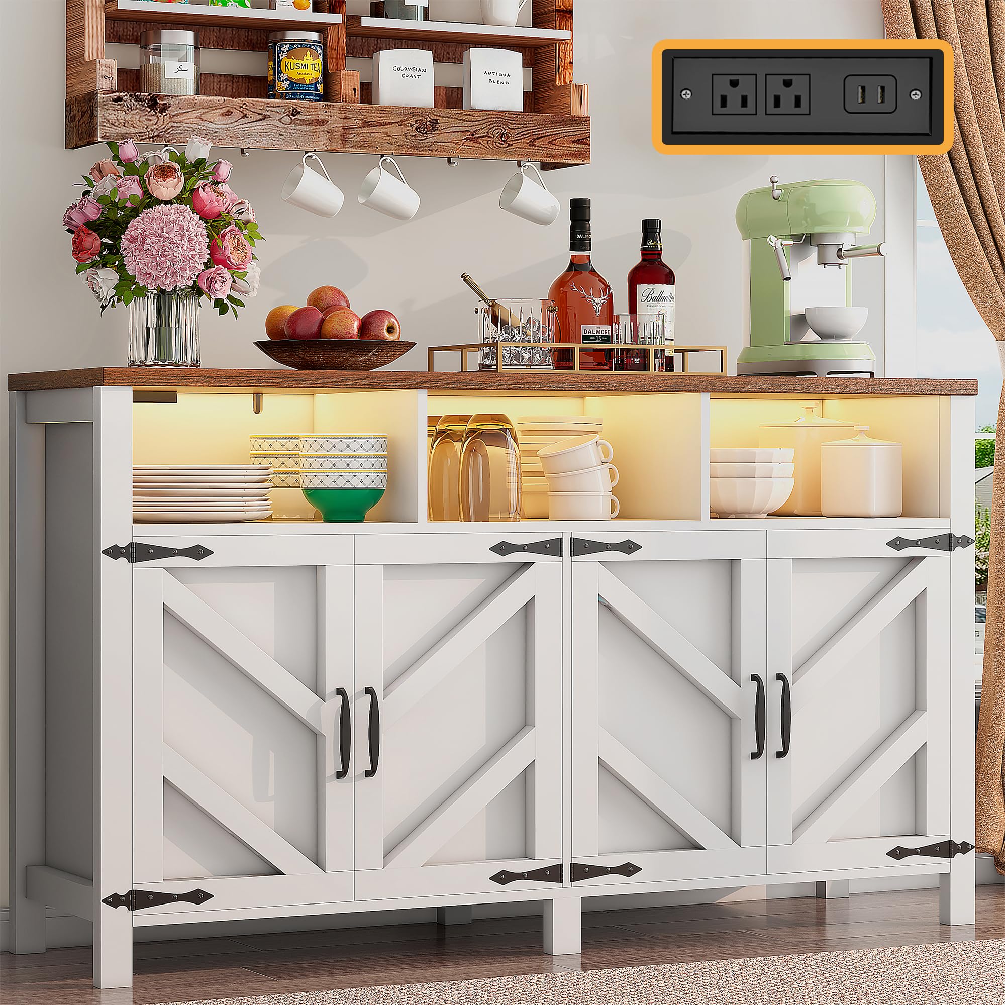 Buffet Sideboard with Storage Farmhouse with 4 Doors, 47'' Large Kitchen Storage Cabinet Wood Coffee Bar Cabinet Buffet Table with Shelves for Kitchen, Dining Room, Entryway
