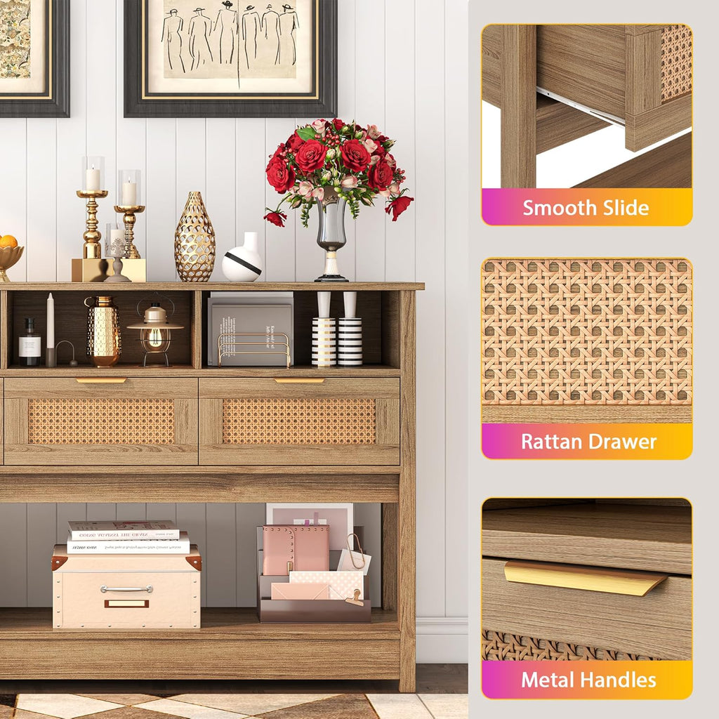 Rattan Console Table, Boho Entryway Table Sofa Table with Storage, Hallway Foyer Table Behind Couch Table, Wood Console Tables Open Storage Shelf for Living Room, Hallway, Brown