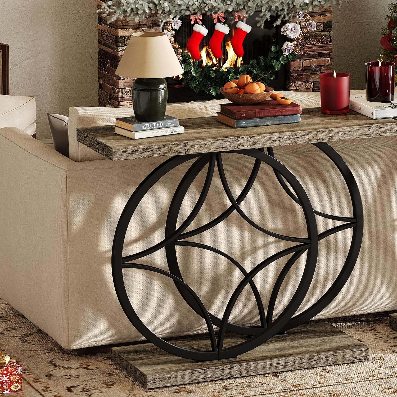 39.4" Entryway Table, Industrial Console Table for Entryway with Anti-Tilt Design, Narrow Wood Accent Sofa Table Behind Couch with Double Circle Base for Hallway, Living Room, Foyer (Industrial Grey)