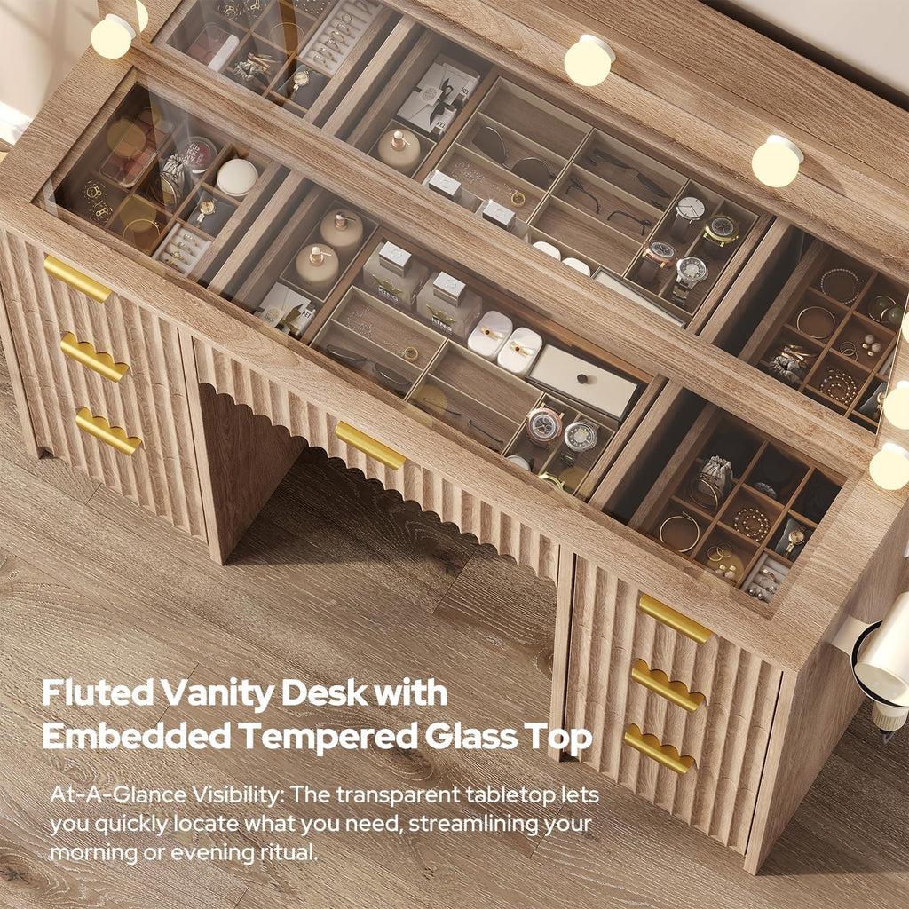 47" Fluted Makeup Vanity Desk with Large 42" Mirror and Ajustable LED Lights, Modern Glass Top Big Vanity Table with 7 Drawers, Dressing Table w/Charging Outlet for Bedroom, Natural Oak