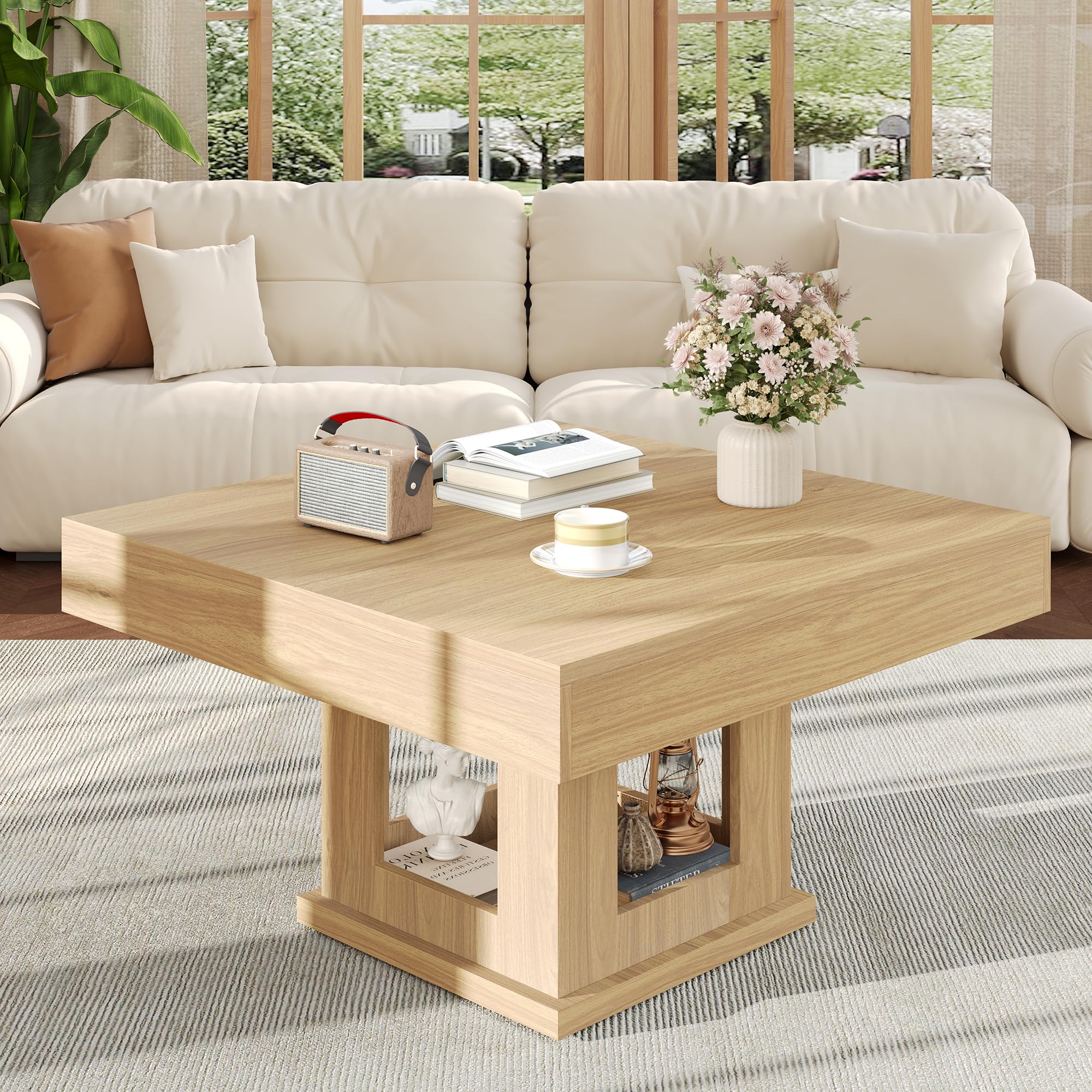 Square Coffee Table, Wooden Coffee Table with Storage and Cat House, Rustic Brown Cocktail Table for Living Room, Farmhouse Large Center Table