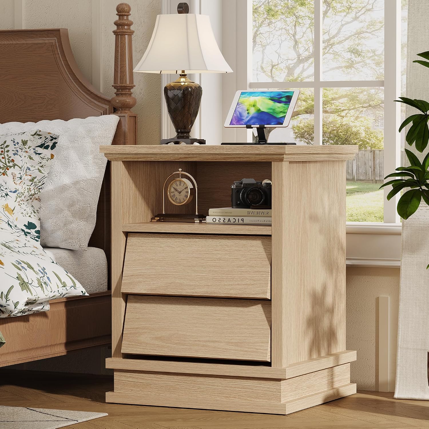 knoworld 18" Wide Nightstand with Charger Station ＆ 2 Drawers, Oak | Modern Night Stand with USB Ports and Outlets, End Table with Open Shelf, Storage Bedsides Table for Bedroom, Living Room