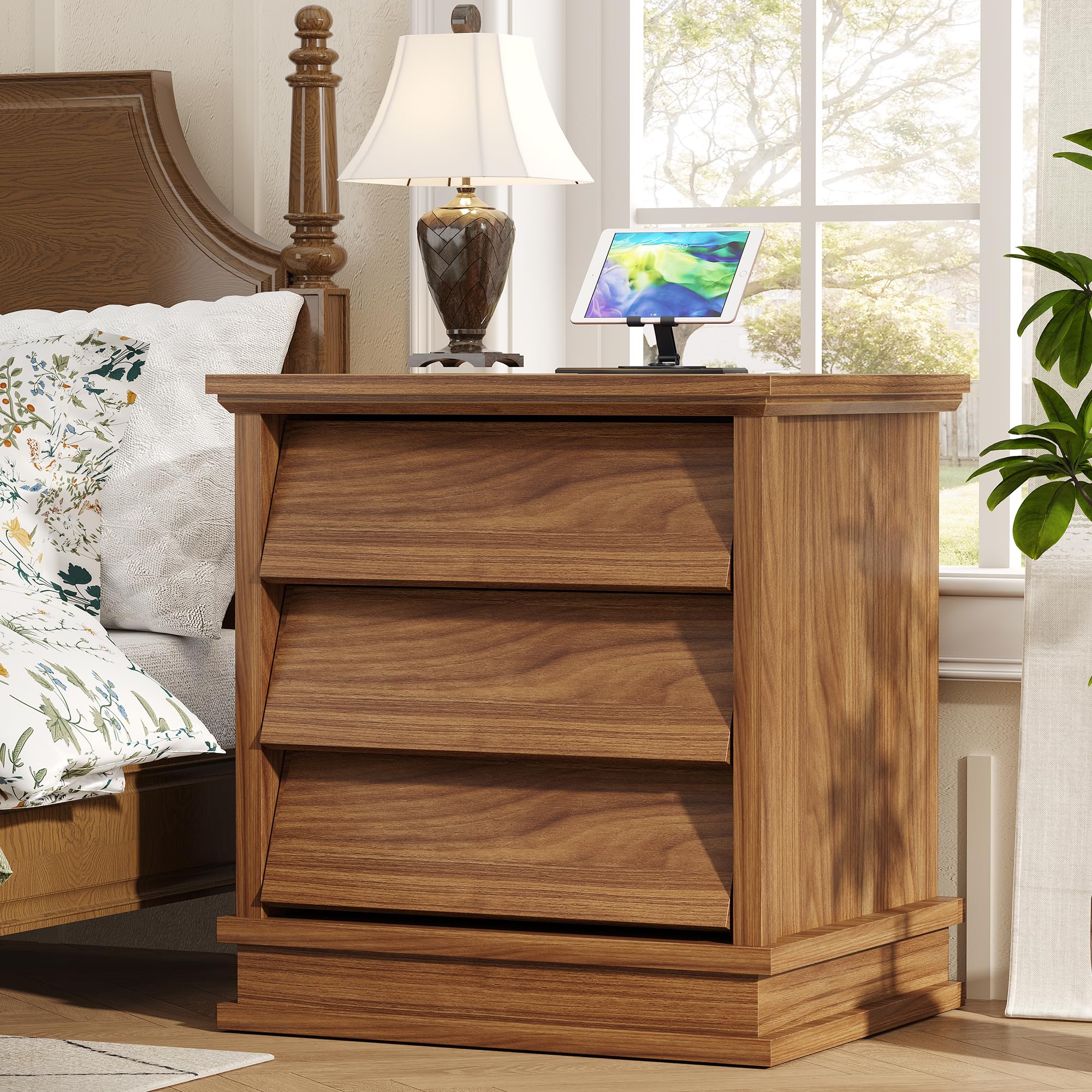 knoworld 18" Wide Nightstand with Charger Station ＆ 2 Drawers, Oak | Modern Night Stand with USB Ports and Outlets, End Table with Open Shelf, Storage Bedsides Table for Bedroom, Living Room